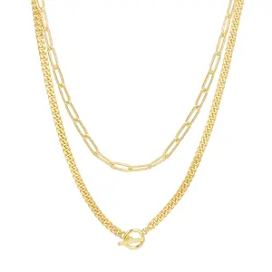 PAVOI 14K Gold Plated Layering Necklaces for Women - Curb Link with Toggle Lock Pendant and Paperclip Chain - Trendy Layering Necklace