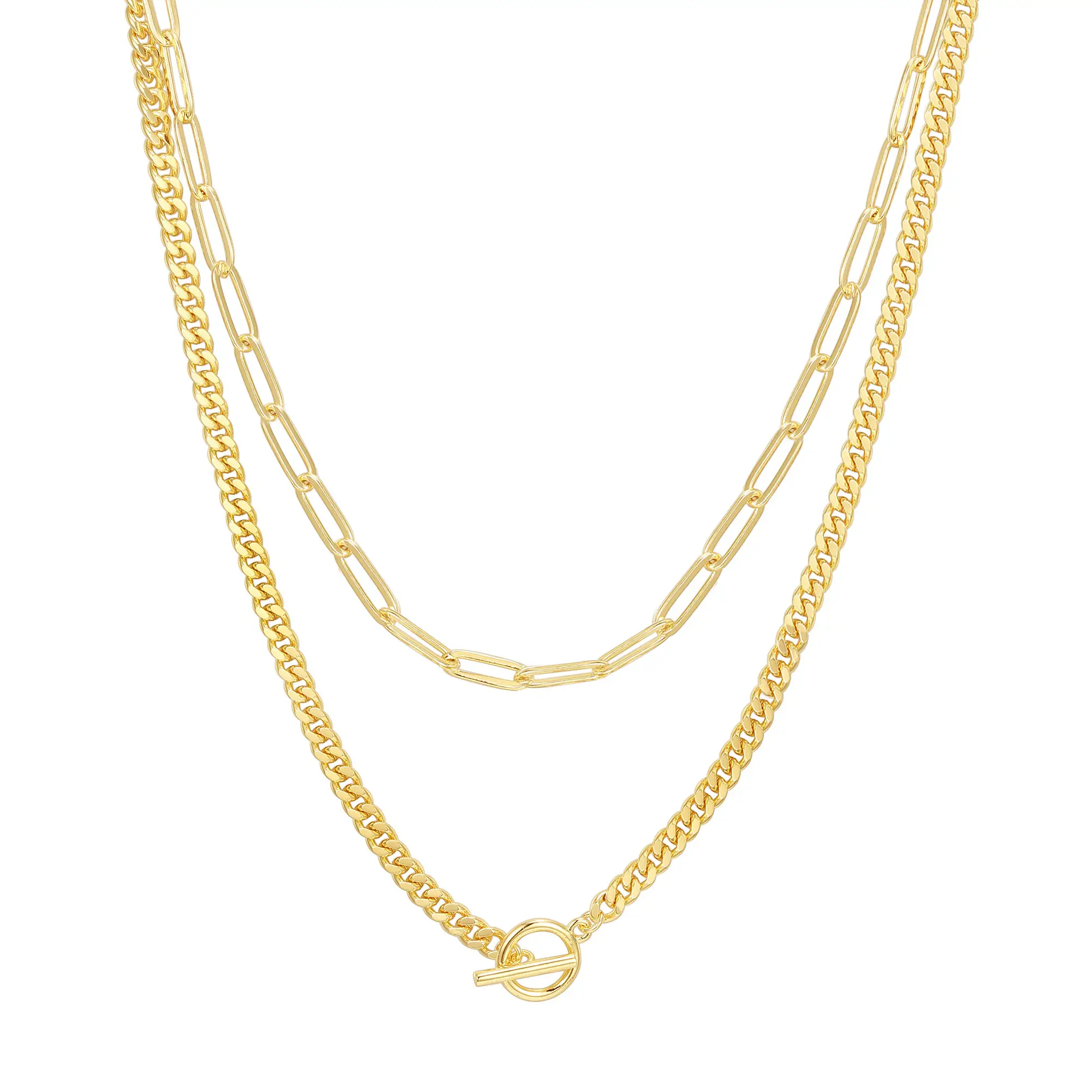 PAVOI 14K Gold Plated Layering Necklaces for Women - Curb Link with Toggle Lock Pendant and Paperclip Chain - Trendy Layering Necklace