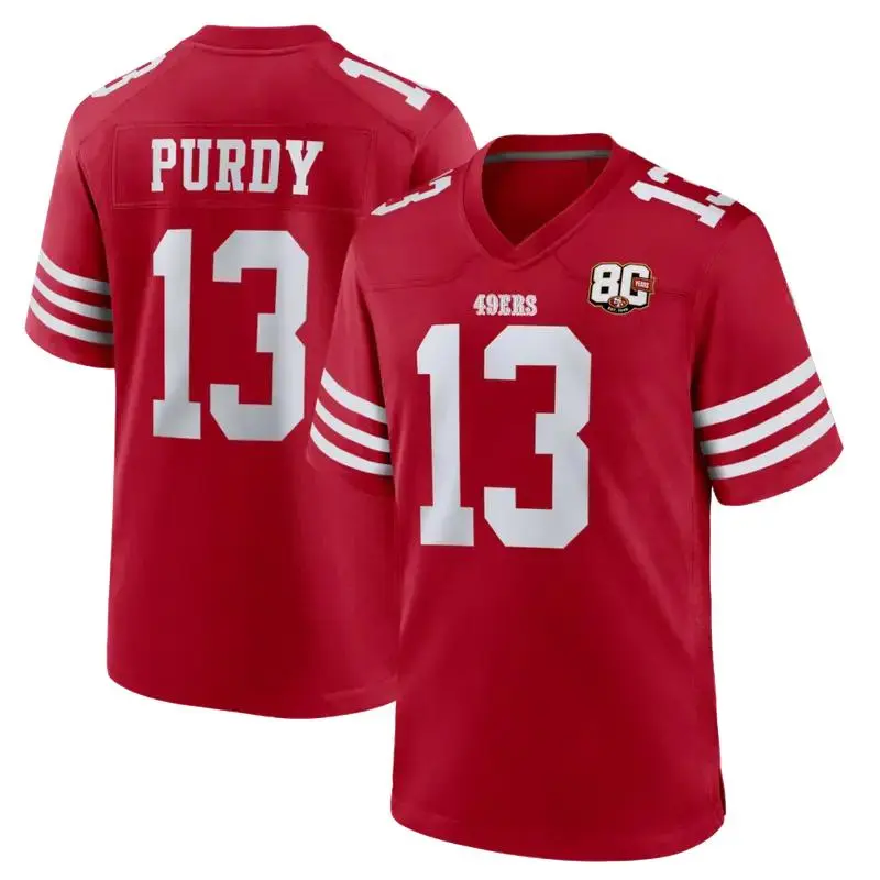 Trendy Football Season 2026 Full Logo Printed Purdy 13 Football Jersey Tee Shirt, 80th Anniversary Game Jersey Football Tee, Alternate Custom Game Jersey, Sport Activewear for Men Women