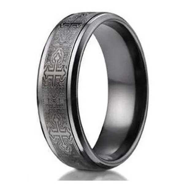 Black Titanium Men's Wedding Band Cathedral Crosses -9mm