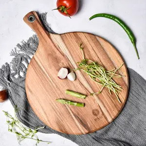 Bill.F Rustic Lightweight Acacia Wood Pizza Peel, 12" Round Wooden Serving Board with Handle, Natural Paddle for Pizza, Bread, Cheese & Kitchen Display