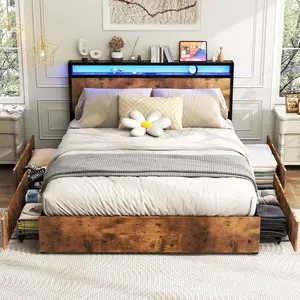 Full Platform Bed Frame with Storage Headboard and Charging Station, Metal Full size Bed with 4 Storage Drawers and LED Lights, Noise-Free, Metal Support Base, No Box Spring Needed, Rustic Brown