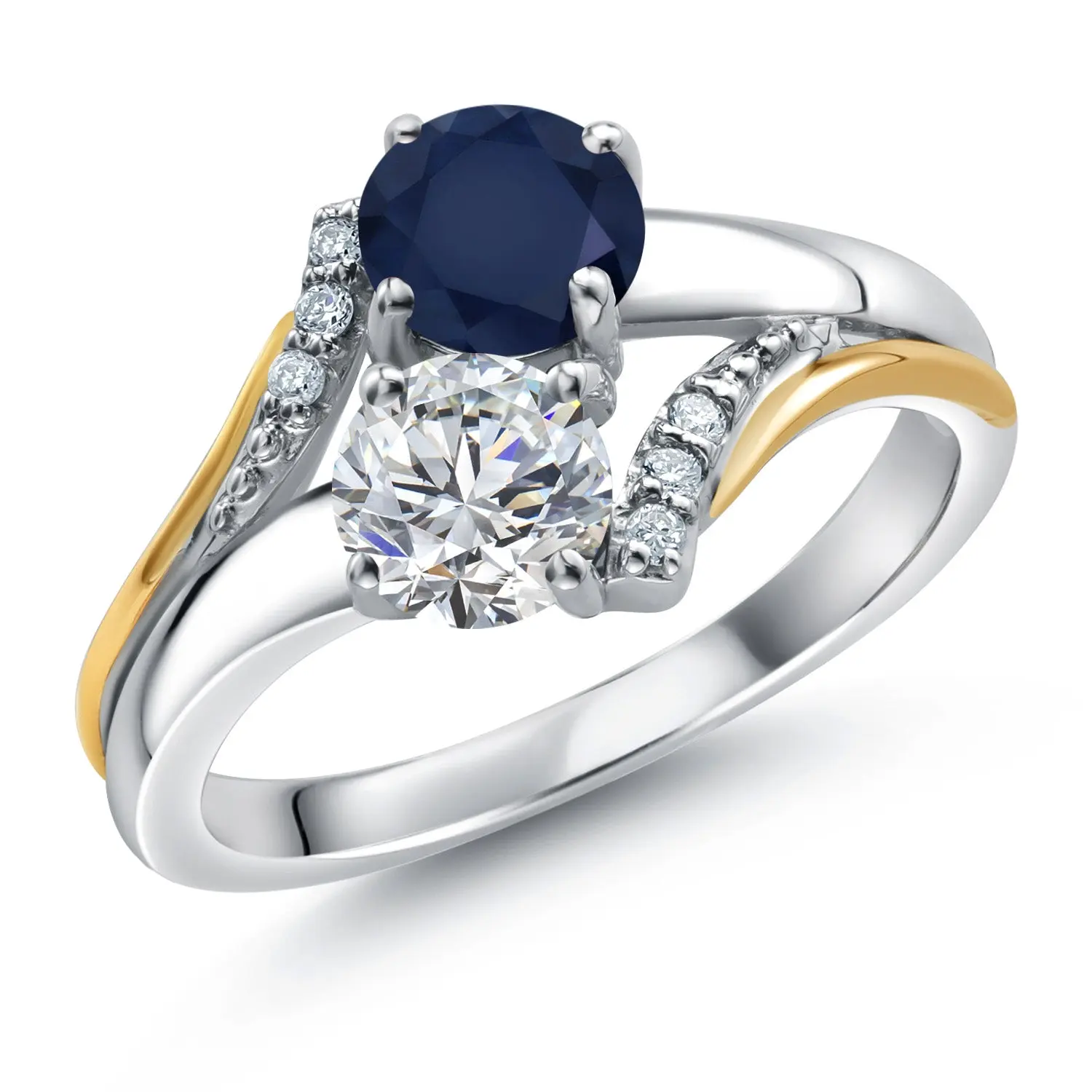 925 Silver and 10K Yellow Gold Lab Grown Diamond and Blue Sapphire Engagement Ring For Women | 1.14 Cttw | Round 5MM | Gemstone April Birthstone