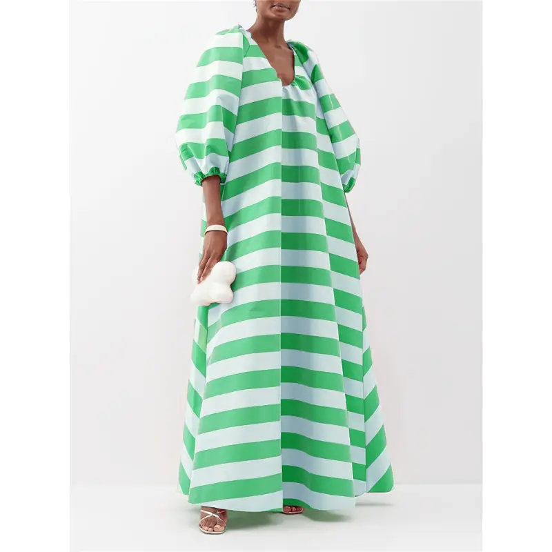 summer  new style dress unique Magic Mia Satin Stripe Maxi Dress For Women, Spring Dress, Summer Valentine'S Day Outfit, Loose Fit, Three-quarter Sleeves, Deep V-neck, Prefect Vacation, Birthday And Date