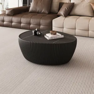 Modern Coffee Table with Sintered Stone Top and Leather Base, Goose Egg Shape Sofa Table for Living Room, Unique Pattern Each Tabletop, Black Finish, Contemporary Furniture for Home Decor, Living Room Furniture for Apartment, Lounge