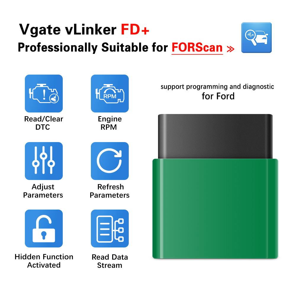 Vgate vLinker FD+ FORScan OBD2 Scanner, Ford MS-CAN Car Diagnostic Tool, Hidden Function Activate for Ford Lincoln Mazda