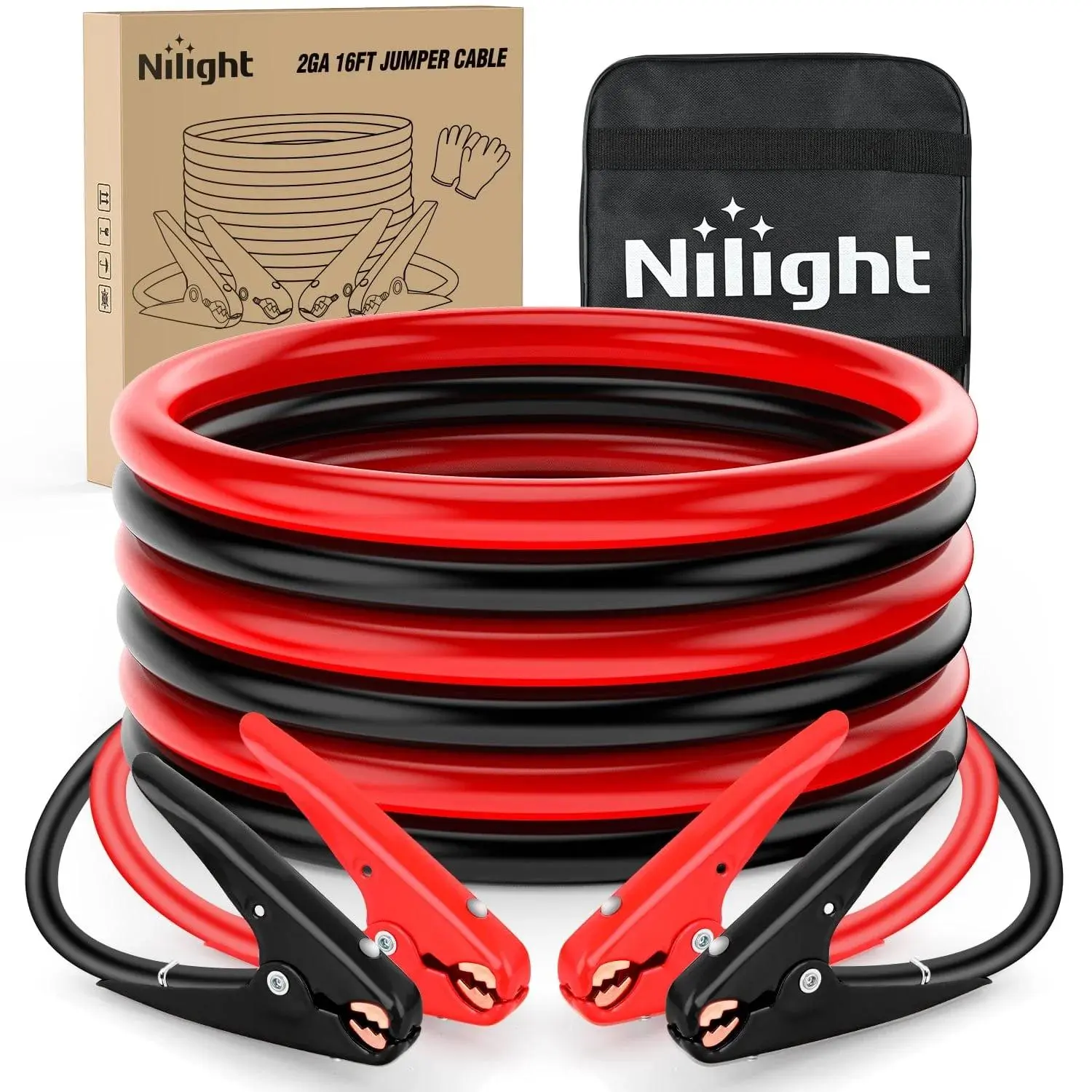 Nilight Heavy Duty Car Battery Repair Jumper Cable - 2 Gauge 16 FT, Safety-Focused, Copper Coated Aluminum Conductors, PVC Insulation Sheath, Durable Clamps, Storage Bag for Small Cars, Vans