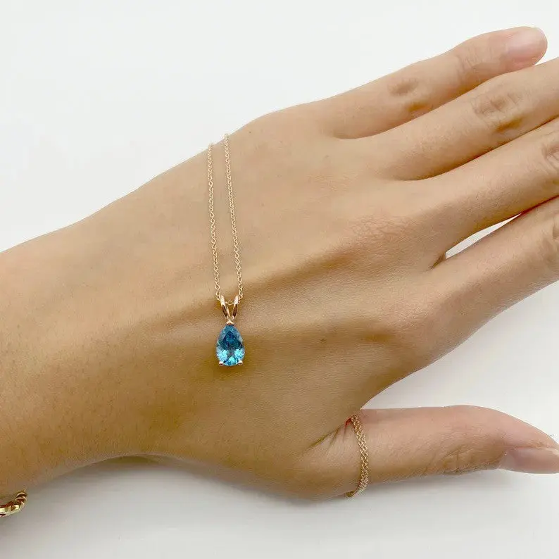 AU 25 Jewelry 14K Gold 1.5CT Natural Blue Topaz Pear Solitaire Necklace Handcrafted in the US Rose Gold 18in Chain