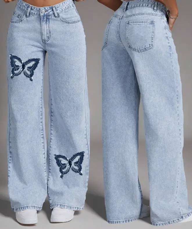 Women's Baggy Wide Leg Jeans with Asymmetrical Gradient Butterfly Print - Retro High Waist Soft Drapey Denim, Comfy Casual Streetwear, Oversized, Bottom
