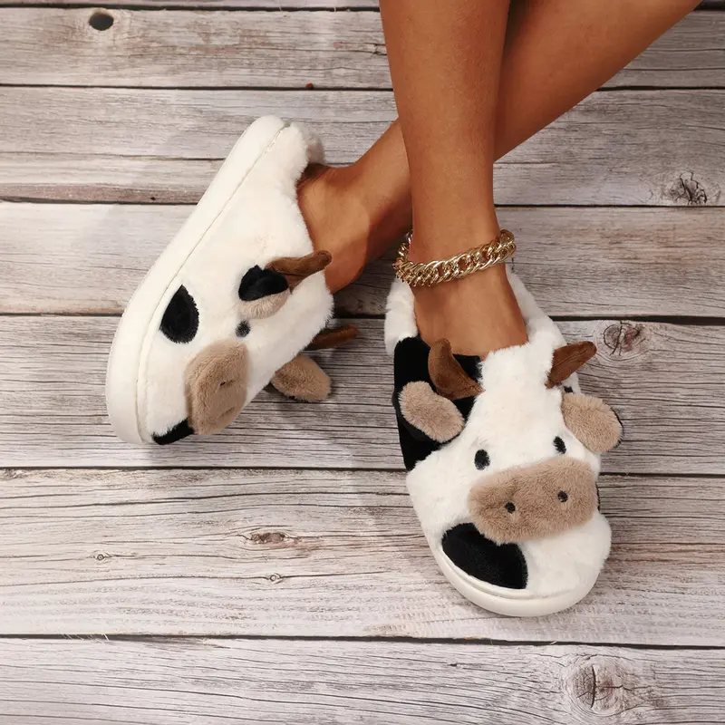 Cartoon Cow Cotton Slippers, Winter Indoor Outdoor Slippers for Women Sandals Snow House Shoes