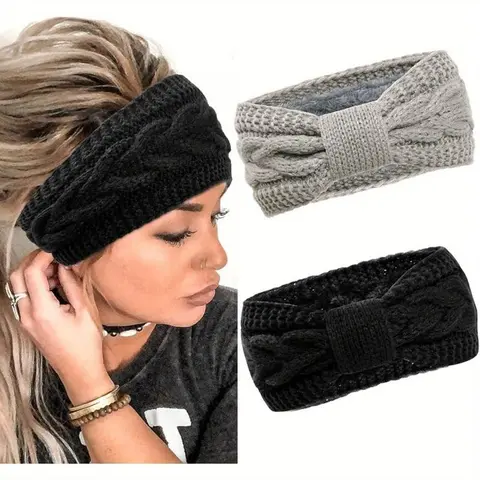 Women's 2-Pack Bow-Front Winter Furry Ear Warmer Headbands, Soft Stretchy Polyester Hairbands, Cozy Cold-Weather Accessories, 1-Size-Fits-Most Unisex Elastic Jacquard Storage (TikTok Shop Black Friday), Bow-Front Headbands