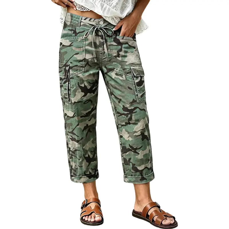 Flamingals Camo Print Flap Pocket Drawstring High Rise Straight Leg Crop Pants Womenswear Stretchy 24.2" Inseam