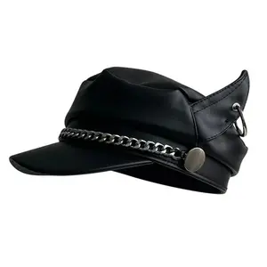 Women's Trendy Elf Ears Beret Black Pu Leather Flat Top Captain Military Caps Women's Outdoor Solid Color Streetwear Navy Hat