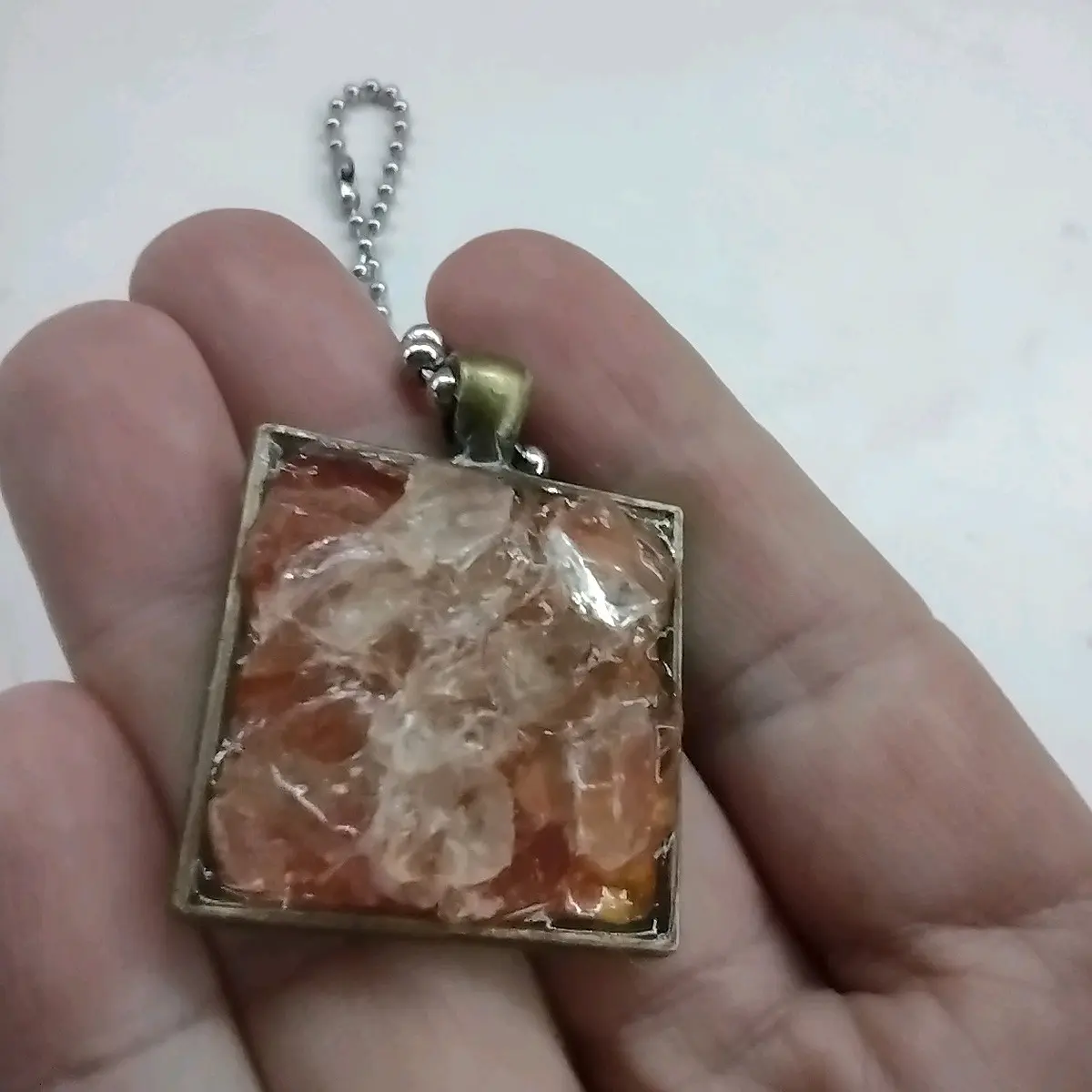 Handmade SEA GLASS square pendant PINK with beaded chain   super special! Female Auspicious Daily