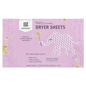 Grab Green Baby Dryer Sheets, 5+ Months, Dreamy Rosewood with Essential Oils, 80 Compostable Sheets