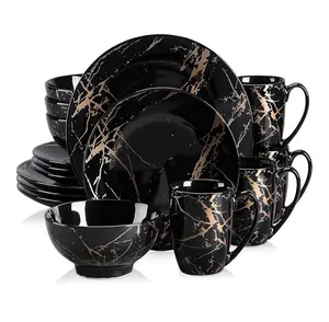 LOVECASA Porcelain Dinnerware Sets for 4, 16 PCS Plates and Bowls Set, Color Glaze with Gold Plate Dish Set, Dinner Sets with Dinner Plates, Dessert Plate, Bowls and Mugs