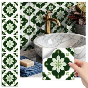 24PCS FHZ Dark Green Symmetric Floral Vintage Tile Stickers | PET Matte Peel & Stick Backsplash | Waterproof Oil-Proof Decor for Home & Office