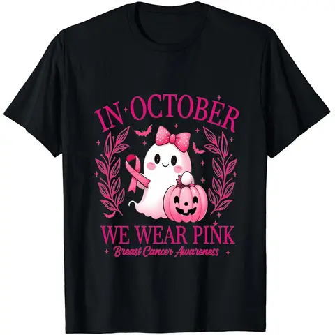 Menswear Unisex Washed Vintage Soft Fabric Simple Cut Round Neck Short-Sleeve Casual Graphic T-Shirt - October We Wear Pink Ghost Boo Halloween Breast Cancer Awareness Top, T Shirts