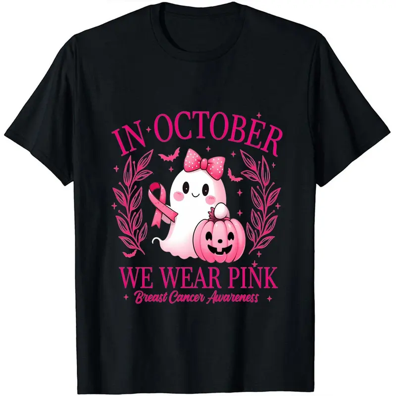 Menswear Unisex Washed Vintage Soft Fabric Simple Cut Round Neck Short-Sleeve Casual Graphic T-Shirt - October We Wear Pink Ghost Boo Halloween Breast Cancer Awareness Top, T Shirts