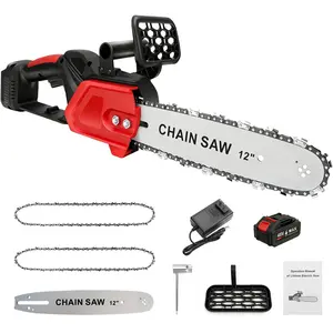 12" Cordless Chainsaw – Brushless Electric Chain Saw with 3.0Ah Battery & Charger, 2 Chains, Dual Safety Lock for Tree Trimming & Wood Cutting
