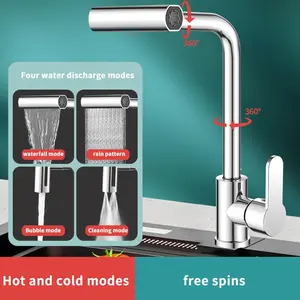 Stainless Steel Kitchen Faucet with Waterfall Function, Multi-Functional Cold Hot Water Tap, Rotating Spray Head, Includes 2 X 60cm Hoses