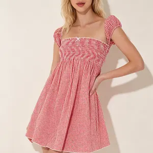 Women Strapless A-Line Dress Solid Color/Plaid Summer Backless Mini Party Dress Cocktail Beach Streetwear Aesthetic Clothes