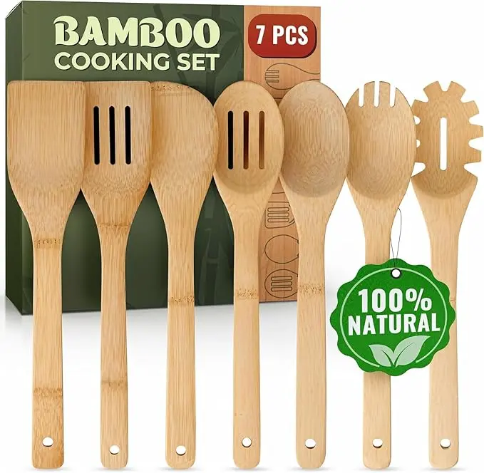 Bamboo Cooking Set 7-Piece Natural Utensils Lightweight Heat-Resistant Easy to Clean With/Without Holder 100% Natural