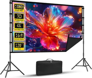Outdoor Projector Screen with Stand,  120 inch Portable Projector Screen Black Backing, Indoor Projection Screen 16:9 4K  Wrinkle-Free Movie Screen with Carry Bag for Backyard Movie Night