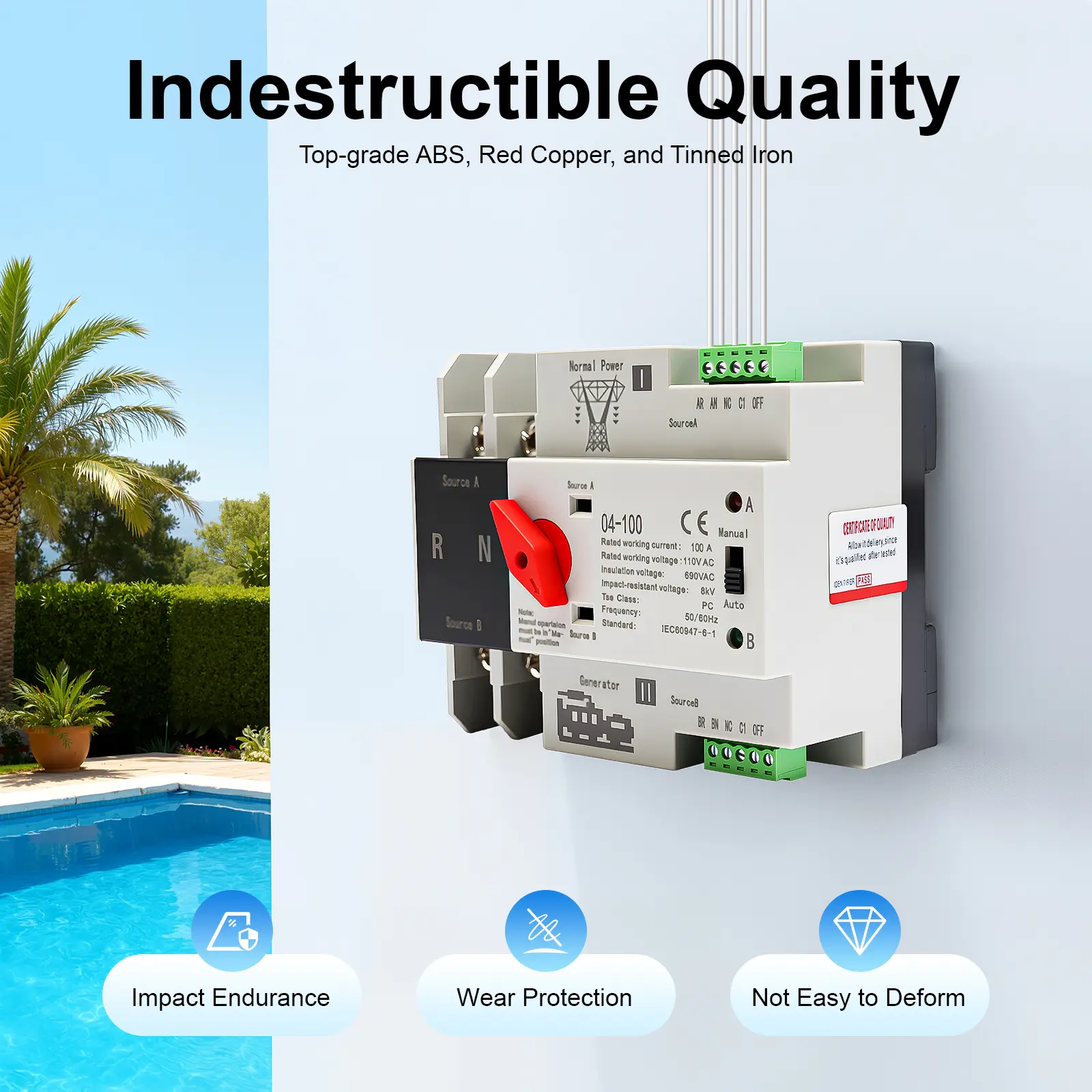 1* Dual Power Transfer Switch, 100A 2P Automatic Switch - 50ms Switching Time, DIN Rail Mount, 110V Red Copper, 50Hz/60Hz, Power Continuity for Generator Backup, Home Use (Data Centers, Banks, Lifts; 0.65kg)