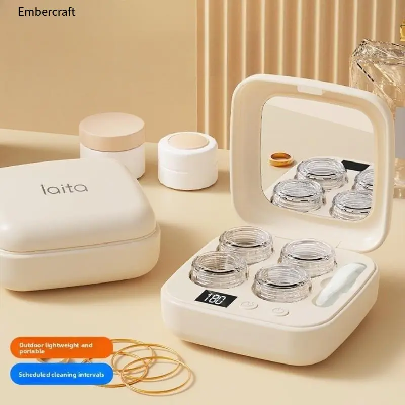 Ultrasonic Contact Lens Cleaner Case, Mini Portable Travel Kit with Mirror for Deep Lens Cleaning, Rechargeable Unit for Soft & Hard Lenses