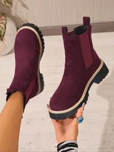 Women's Wine Velvet Chelsea Boots, Platform Chunky Heel Side Zip Round Toe, Fall & Winter Retro Urban Casual Style