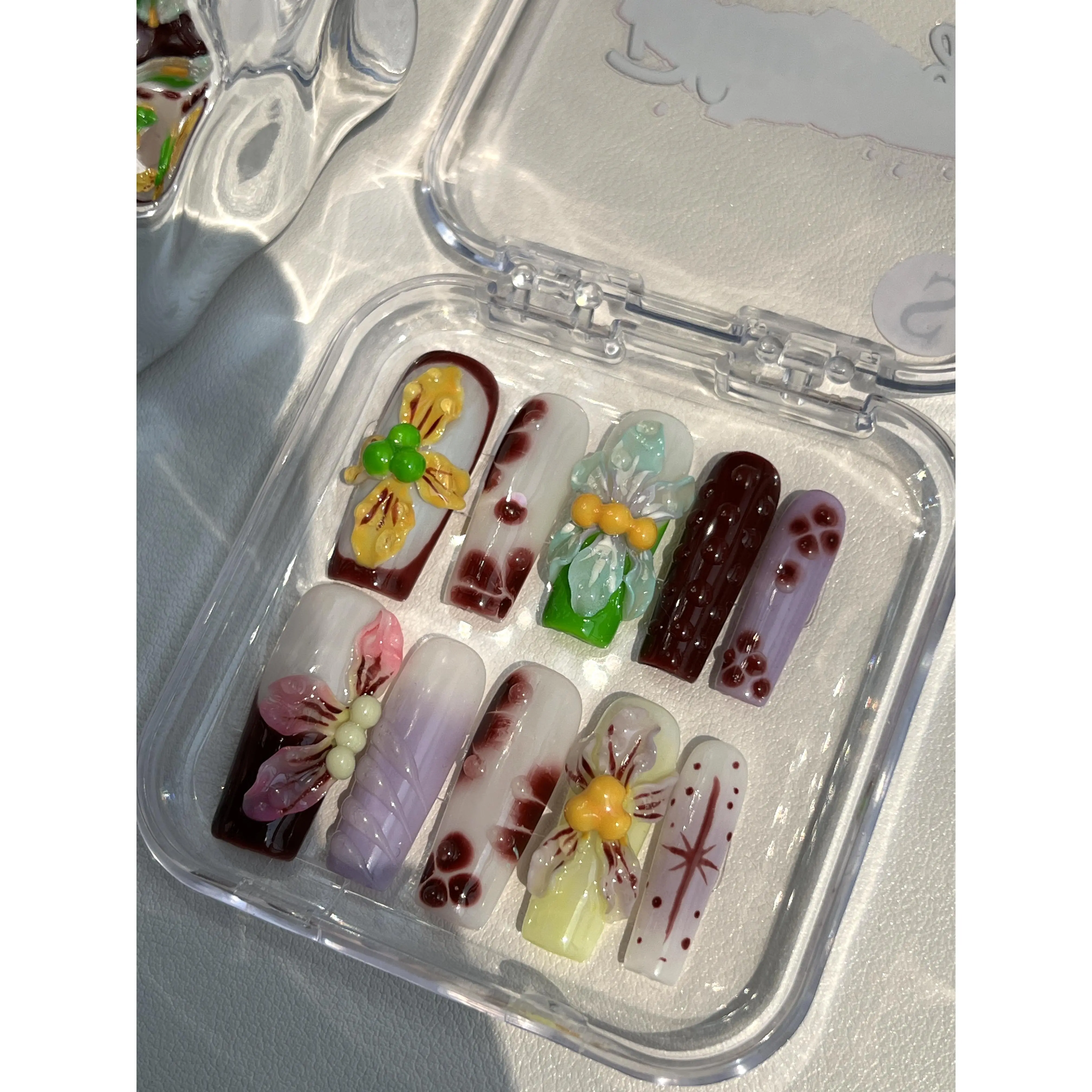 BHI Handmade Square Shape Press-On False Nails - 1 Set (10 Nails) with Box, Sticky Tabs, Cuticle Tool, Reusable 3D Acrylic Gel, Salon-Quality Design, Long-Lasting Natural Finish, Easy Damage-Free At-Home Manicure, Easy Nail Art, Unisex