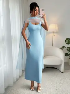 Elegant Sky Blue Bodycon Tank Dress with Net Shawl, Formal Evening Gown, Perfect for Parties and Special Occasions, Elegance, Womenswear, Fit