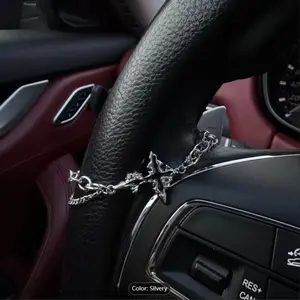 Silver Color Chain with Cross Pendant Car Steering Wheel Decoration, Gothic Car Decor, Car Ornament, Car Interior Accessory, Car Interior Ornaments, Unique Gift for Him or Her