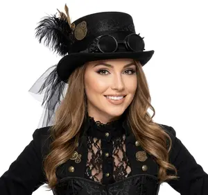 Black Steampunk Victorian Mad Hatter Scientist Time Traveler Top Hat with Goggles For Halloween