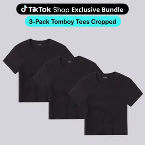 Cuts | Tomboy Tee Women's Slim Fit Cropped T-Shirt 3-Pack | Crew Neck Cotton Blend | Opaque Wrinkle Resistant Stretch Crop Top - Black