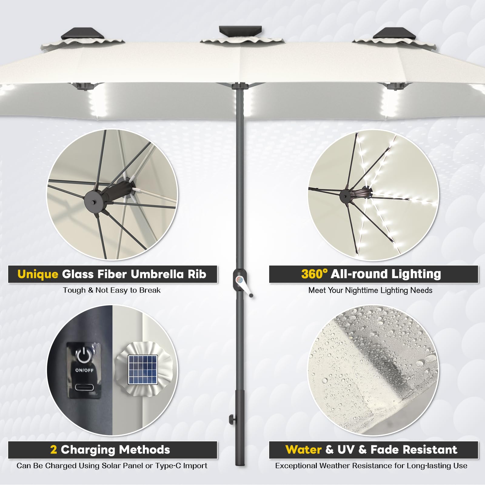 AECOJOY [No Base] 15ft Patio Umbrella with Solar Lights, Large Double Umbrella Outdoor Patio LED Lights and Crank Handle Cream(1.9" Pole) Lighting Garden