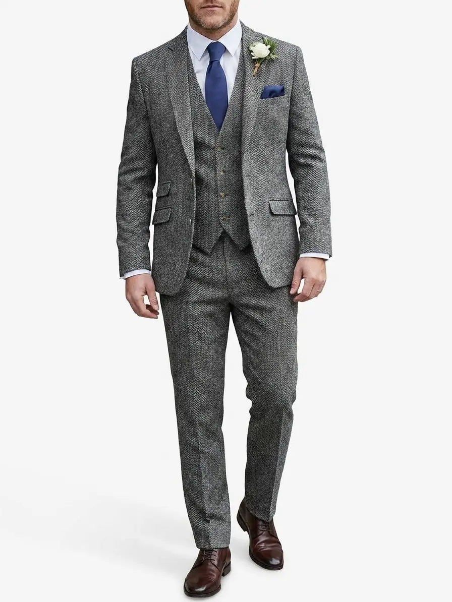 Men's Classic Vintage Herringbone Tweed Suit, Casual Polyester Fabric, Ideal for Wedding & Business