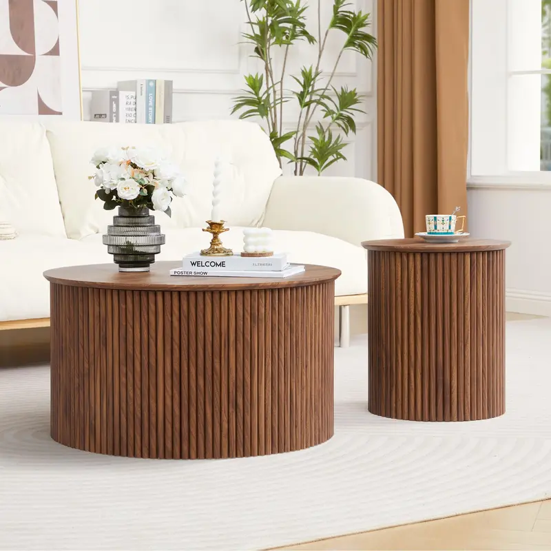 Giratree Fluted Round Nesting Coffee Table Set of 2, Mid Century Modern Wood Coffee Tables and End Table Set, Circle Side Table Minimalist Center Tables for Living Room, Office