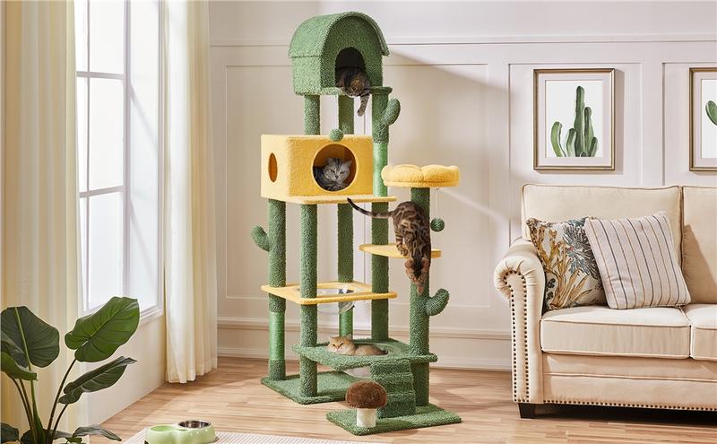 Yaheetech 68.5in Cactus Cat Tree, Large Cat Tree for Indoor Cats, Multi-Level Cat Tower with 2 Large Condo, Scratching Posts, 2 Acrylic Clear Bowls and Dangling Balls