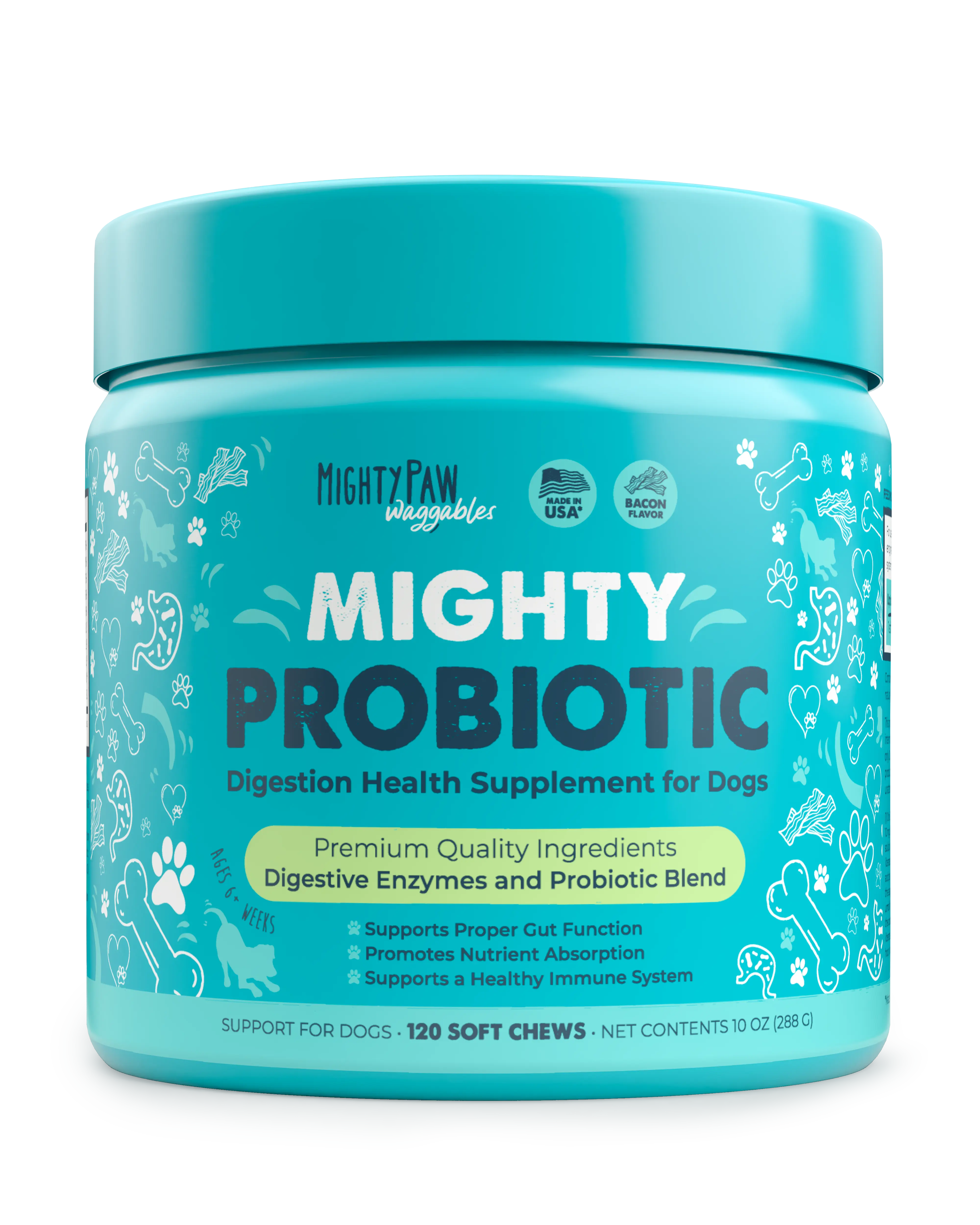 Mighty Paw Mighty Probiotic Chews for Dogs - 120 Soft Chews, Vet-Formulated,  Natural Bacon Flavor, Digestion Support, Made in USA