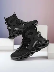 Men's high-top flyknit sports shoes, Breathable Sneakers, trendy blade sole, breathable and comfortable, non-slip and wear-resistant, suitable for street fashion, daily casual and outdoor sports wear.