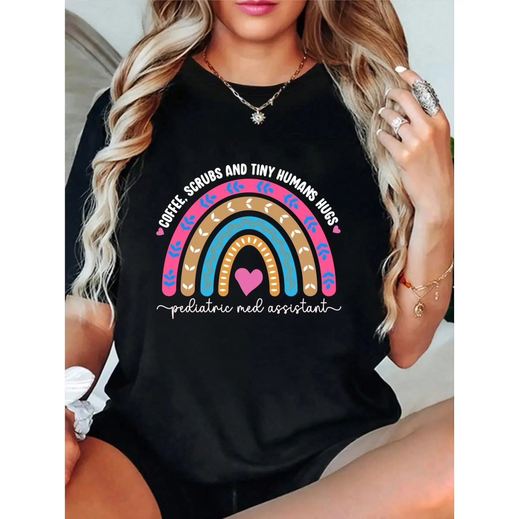 100% Cotton Pediatric Med Assistant Rainbow Pediatric Medical Assistant Short SleeveT-Shirt Summer, Cotton, Casual, Short Sleeve, Graphic Tee, Soft, Breathable, Loose Fit, Streetwear, Daily Wear, T-Shirtt