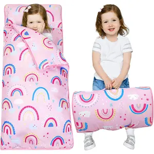 20 x 50 Inch Toddler Sleeping Bag with Removable Pillow and Blanket Toddler Nap Mat Slumber Rolled Sleep Mats for Kids Daycare Boys Girls Kindergarten Preschool Travel Camping