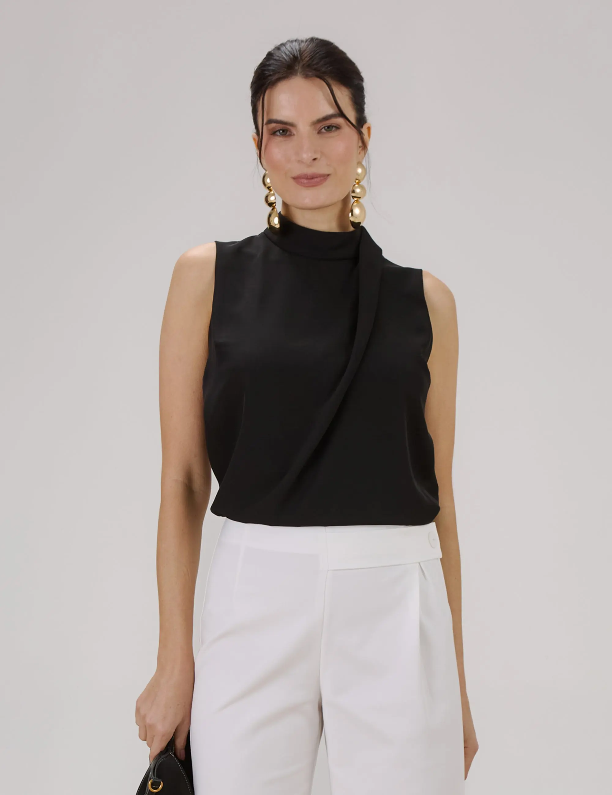 Refined Black Pleat-Neck Blouse - TikTok Shop