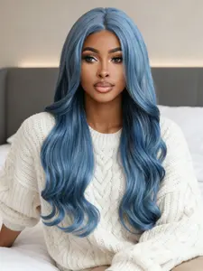 26-inch sky blue wavy hair is suitable for women to use synthetic woven high-temperature resistant fibers. Natural and fashionable/Ladies' gift/Christmas decoration/Christmas gift (blended wig - a blend of real hair and synthetic fibers)