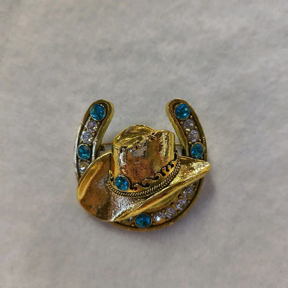 Western Horse Shoe Pin with Gold Hat and Blue Stones for Cowboy Outfits