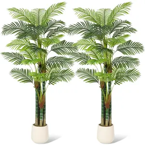 GARVEE 7FT Tall Palm Tree with Golden Cane Trunks, Large Artificial Palm Plants for Indoor and Outdoor Decor, Set of 2 with White Bases, Ideal for Living Room, Yard, and Home Decoration