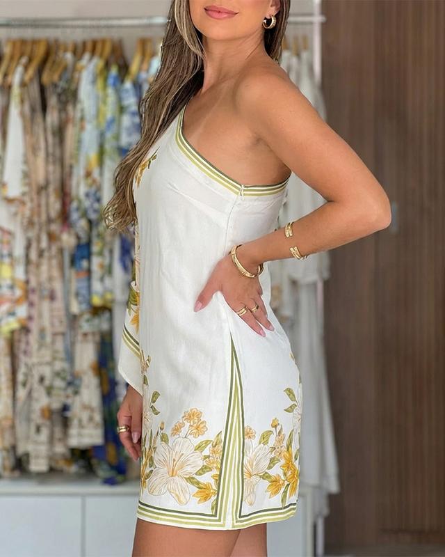 ChicMe Women's Floral Print One Shoulder Loose Long Sleeve Mini Dress Casual Contrast Striped Print Zipper Side Vacation Dress/Women's Sleeveless Mini Dress