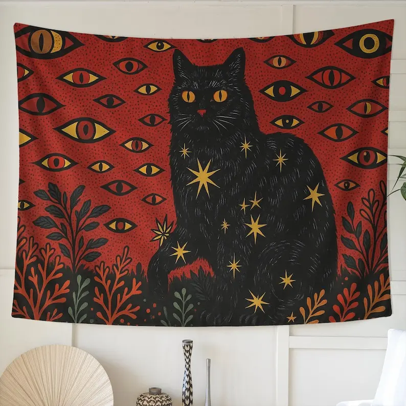 Mystical Black Cat Tapestry - Magical Gothic Boho Bedroom Wall Decor, Witchy All-Seeing Eyes Hanging, Occult Star Feline Art, Bohemian Tapestry Style Celestial Dark Gothic Accent